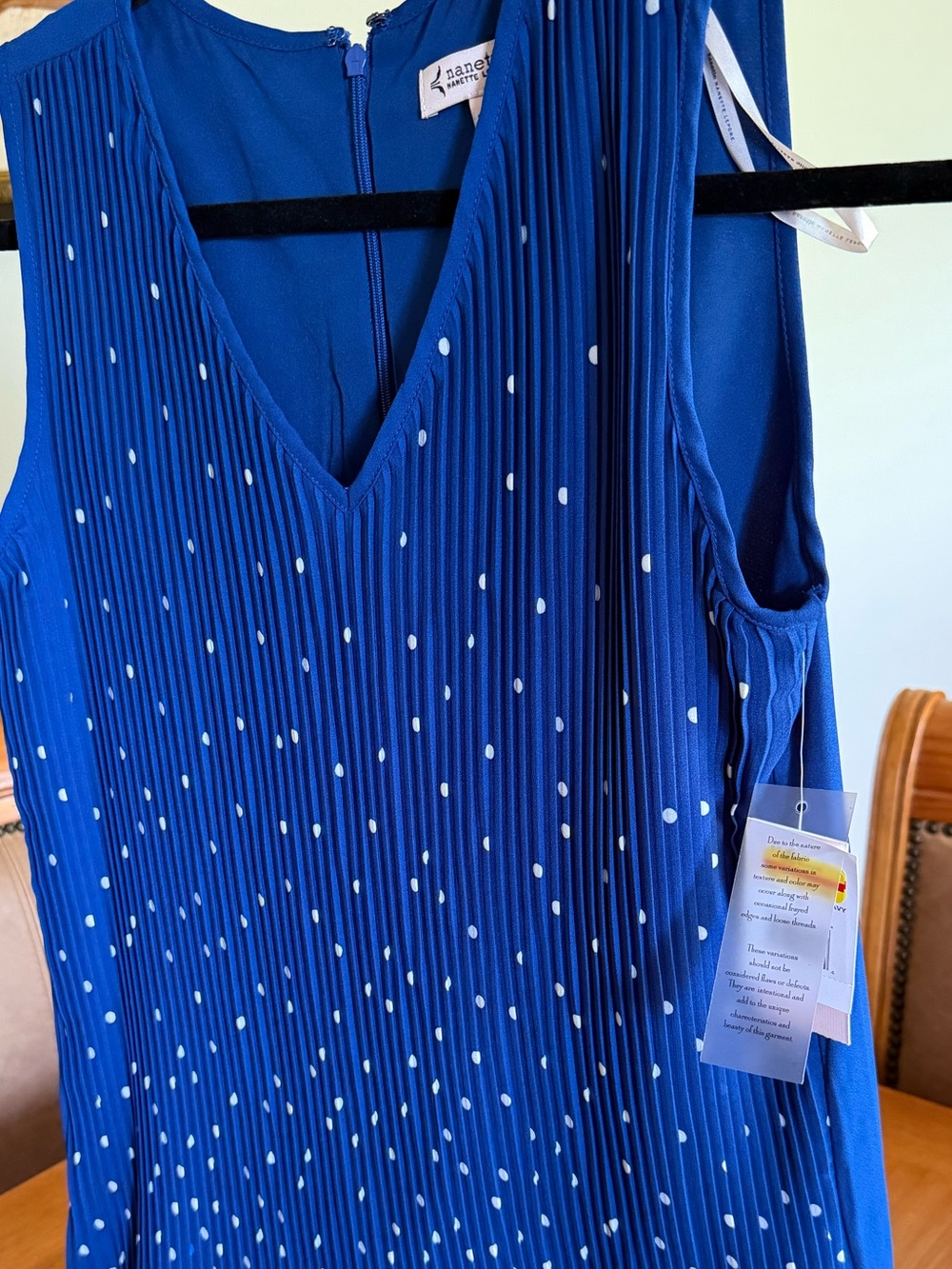 Nanette Lepore Royal Blue Sleeveless Pleated V-Neck Tunic with White Dots